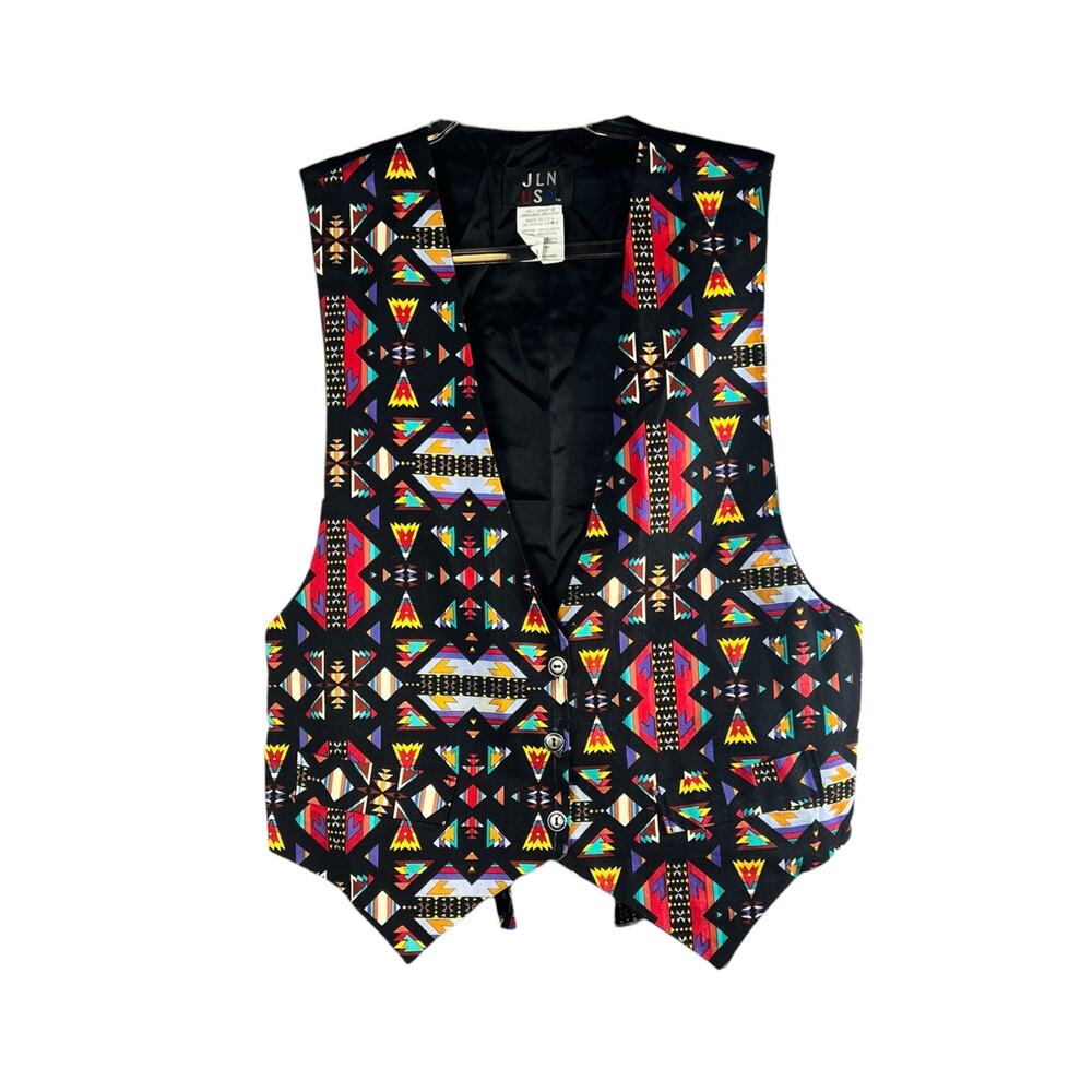 Vintage JLN USA Geometric Cotton Vest Artwear Open Front 90s Large - Picture 2 of 6